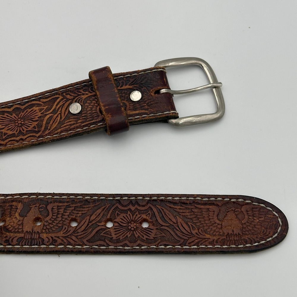 Vintage Leather Belt Brown XL Embossed Eagle Cowboy Trucker Unisex Boho - Picture 5 of 8